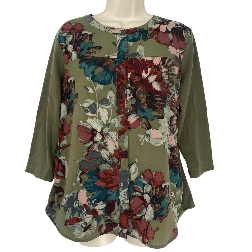 Van Heusen Top Womens Large Forest Green Dark Floral Button Up Mixed Knit Crepe